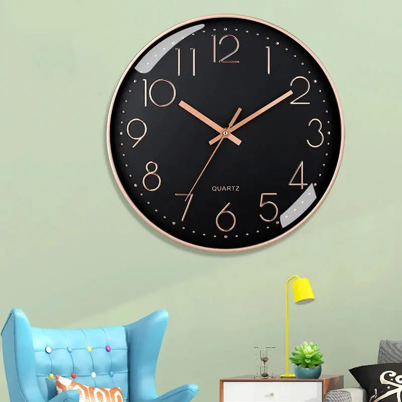 8-inch analog quartz wall clock with black dial and rose-gold frame