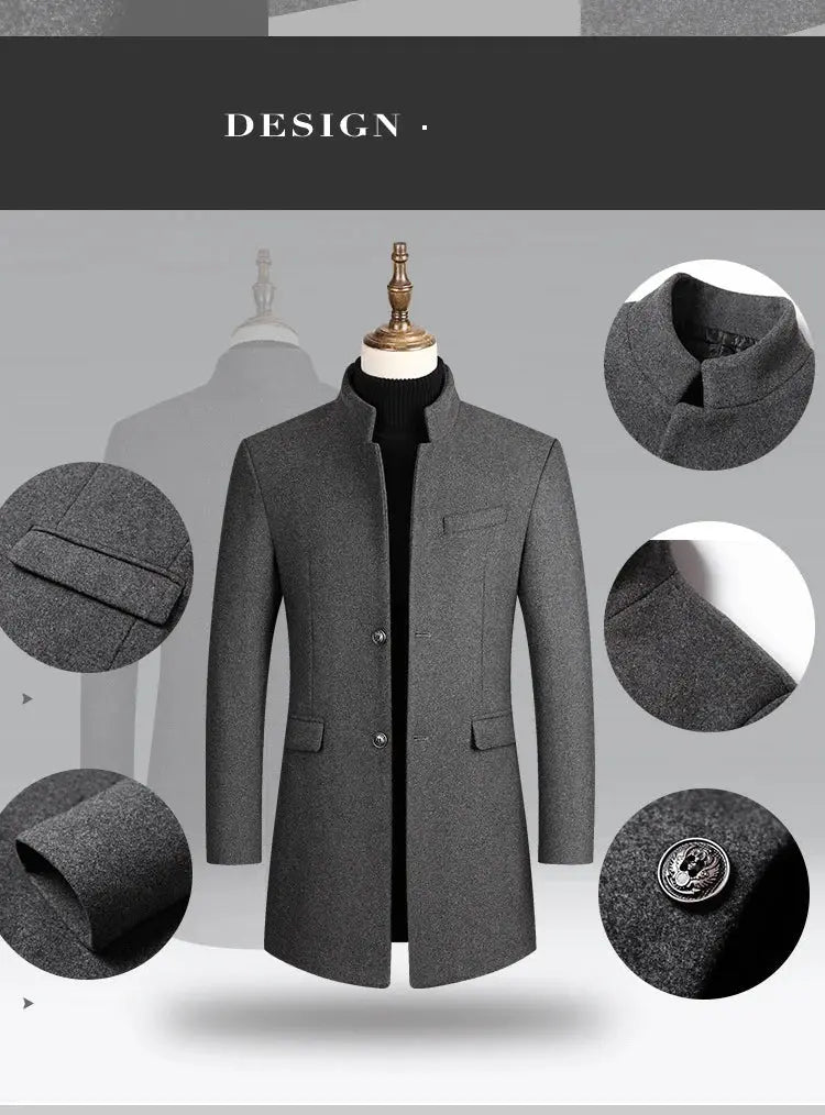 Men's grey wool trench coat, business casual style