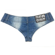 Denim thong shorts for women, blue distressed with Being Human patch