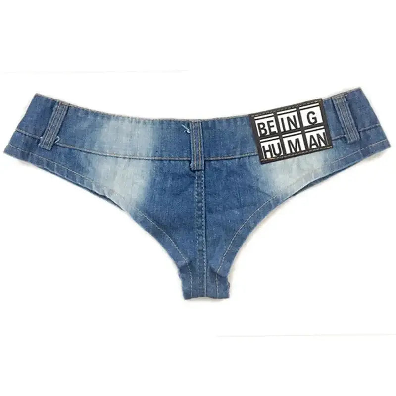 Denim thong shorts for women, blue distressed with Being Human patch