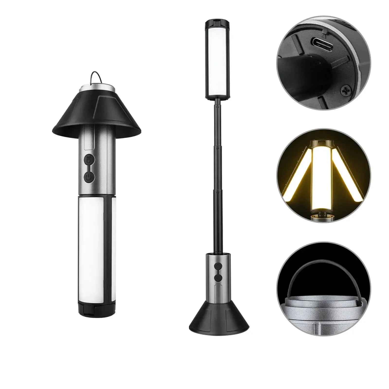 Simples Market rechargeable outdoor camping light, foldable tent lamp with emergency power bank, black and silver
