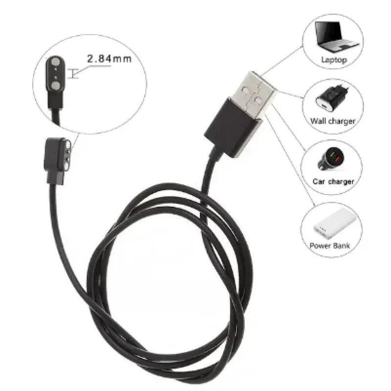 Magnetic charge charging cable for smart watches with 2/4-pin magnetic plug (2.84 mm spacing), USB-A end.