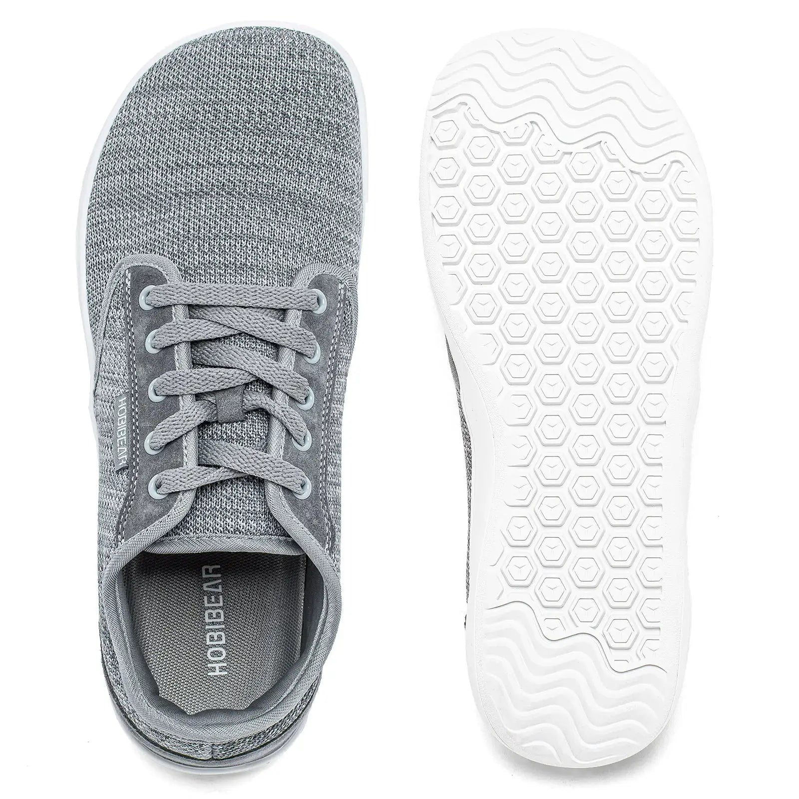 HOBIBEAR gray knit barefoot sneakers, unisex wide-width zero-drop with white sole