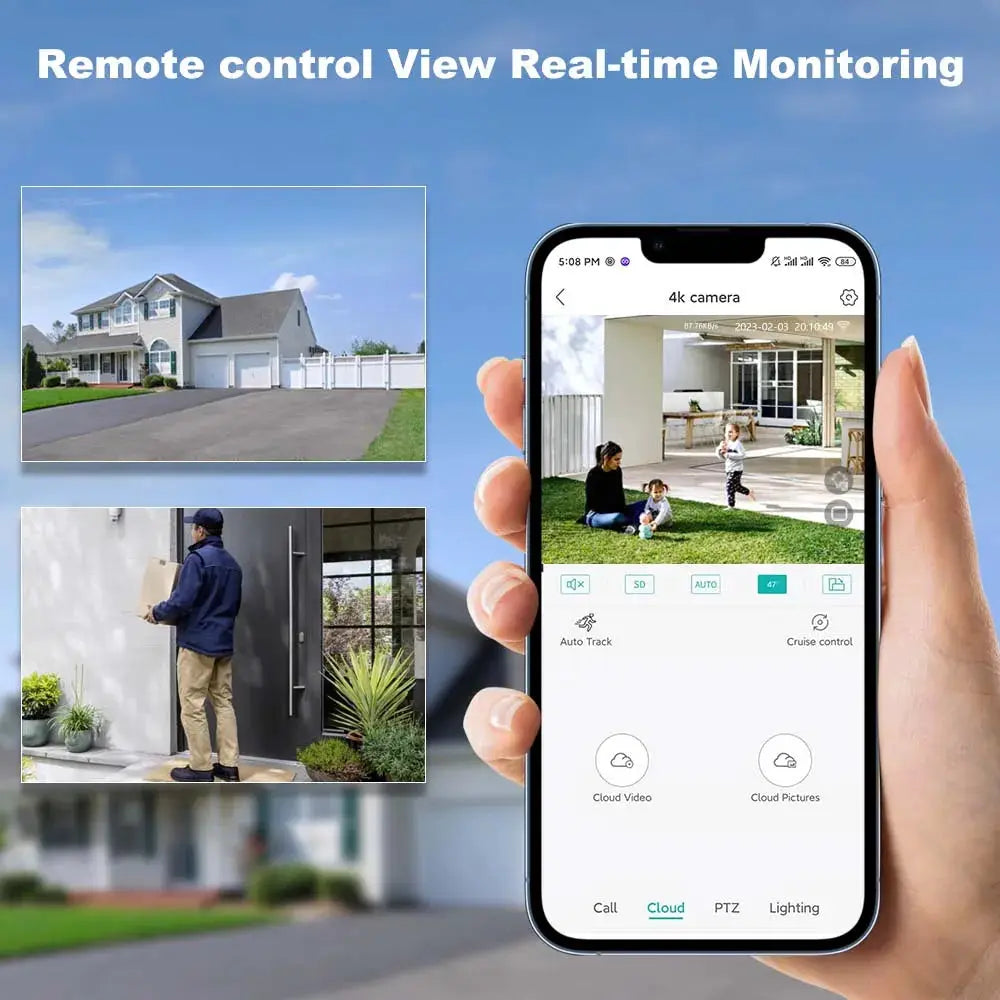 Simples Market 8MP 4K WiFi solar outdoor CCTV camera with dual-lens PTZ and solar panel, shown with mobile app