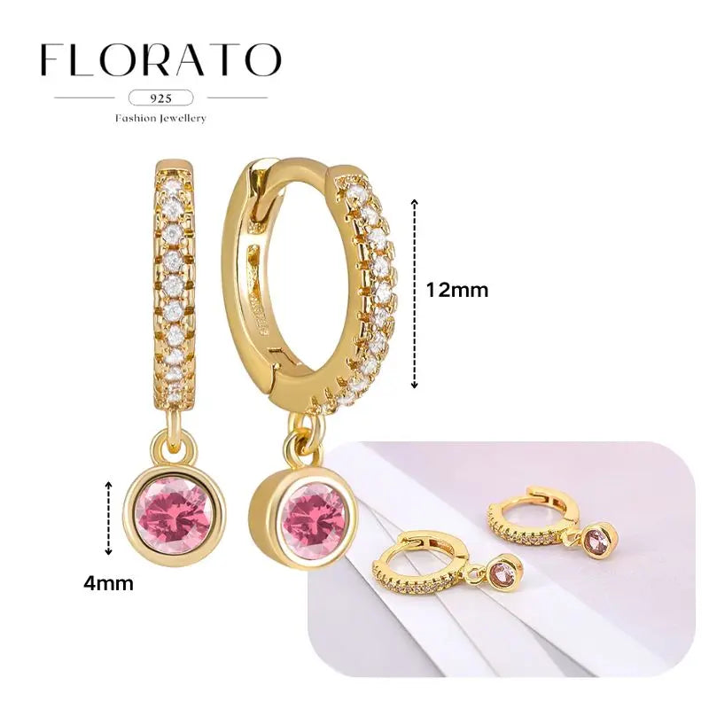 Gold-tone 12mm hoop earrings with pink zircon drops and pavé crystals, Florato 925 fashion jewellery pair