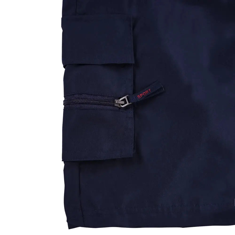 Men's navy tactical cargo shorts with zippered pocket and cargo flap
