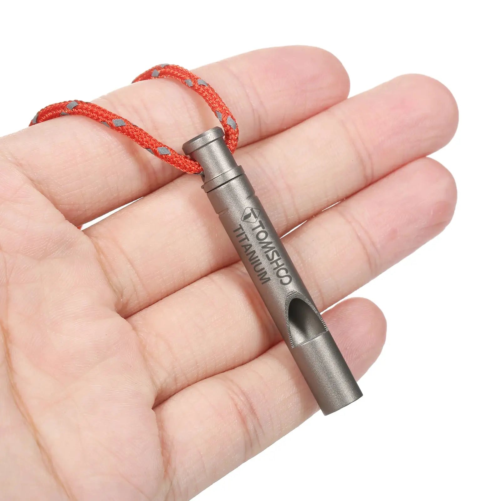 Tomshoo titanium emergency whistle on orange cord, Simples Market outdoor survival gear.