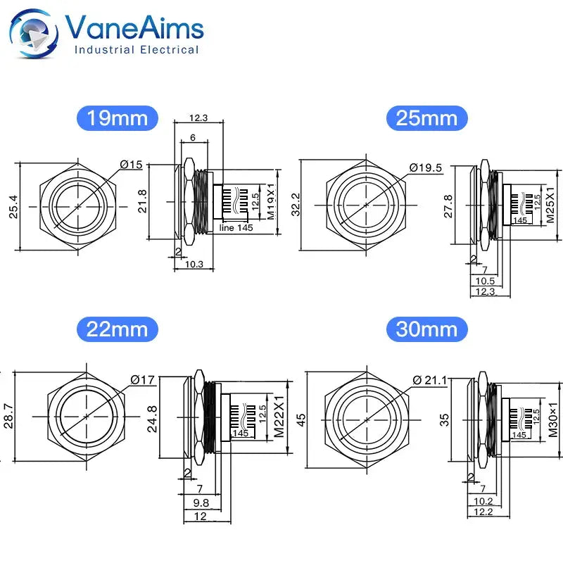Ultra-short LED push button switch set, four sizes 19/22/25/30mm, waterproof metal body, wired, momentary self-reset.
