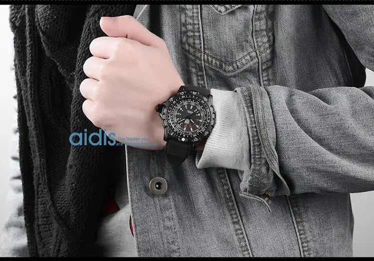 Addies Military Watch; black rugged outdoor quartz with luminous dial and waterproof design on wrist