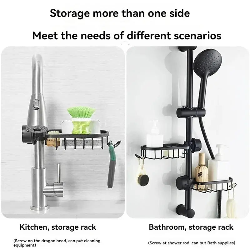 Simples Market shower rack for kitchen faucet and bathroom shower rod; punch-free aluminum, black