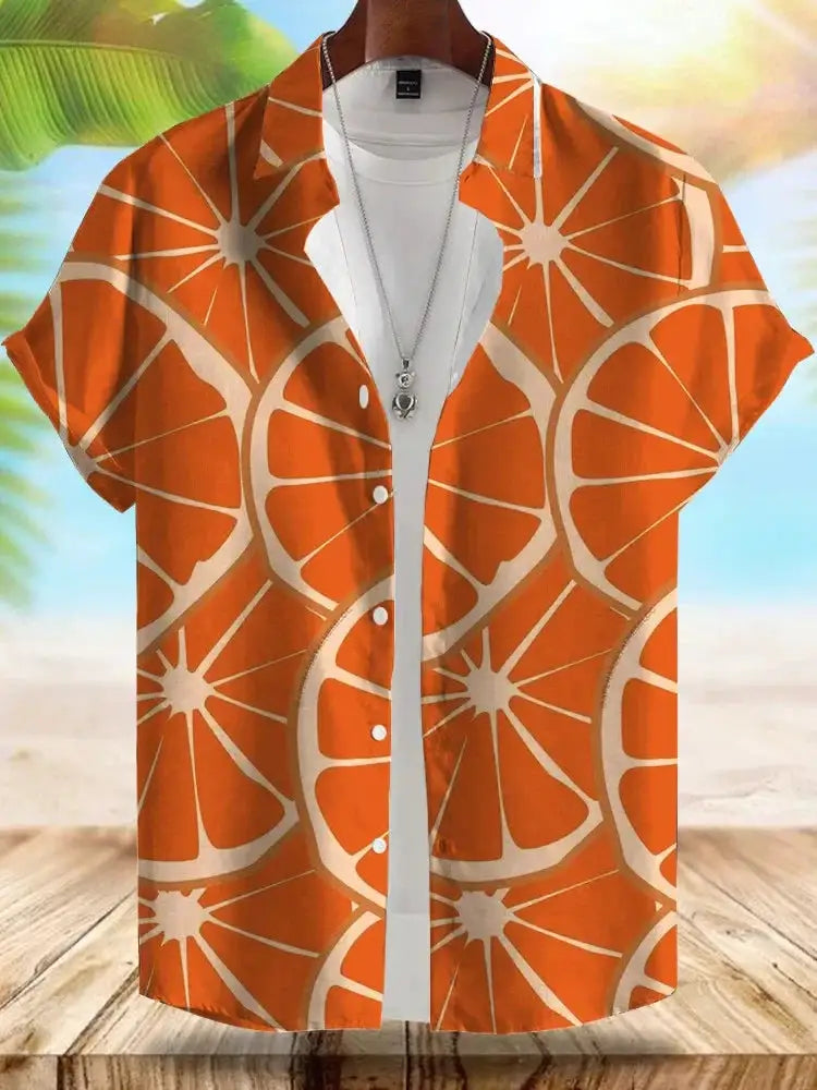 Men's Hawaiian short-sleeve shirt by Simples Market with orange citrus-slice print