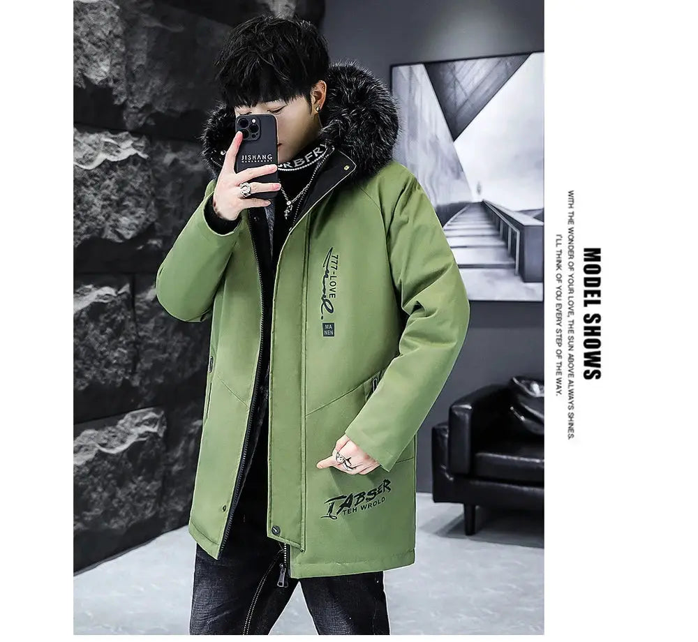 Olive green hooded men's long down jacket with black fur collar, warm padded parka.