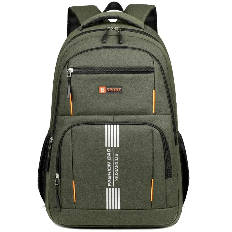 Fashion Minimalist Men’s Rucksack from Simples Market, olive nylon backpack with multiple pockets and orange zippers