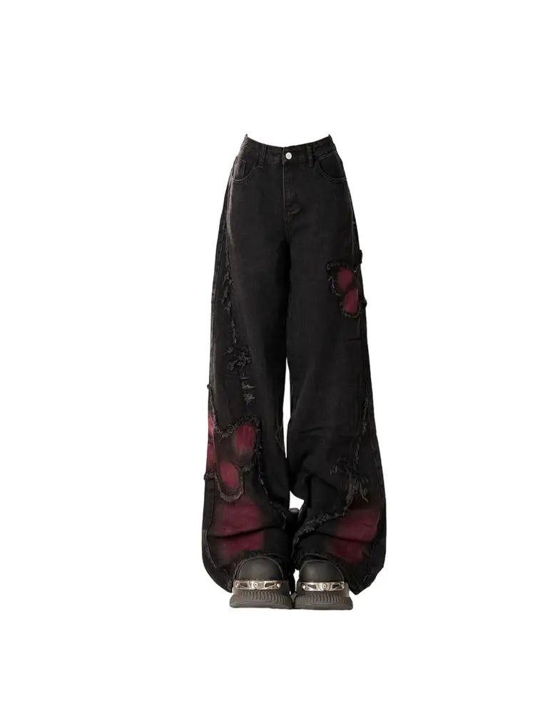Womens Baggy Butterfly Jeans Vintage 90s Harajuku Denim Trousers