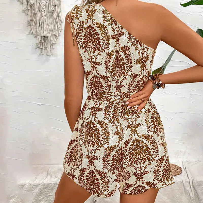 Jumpsuit, women's one-shoulder plant-print romper in cream and brown for bohemian summer casual wear