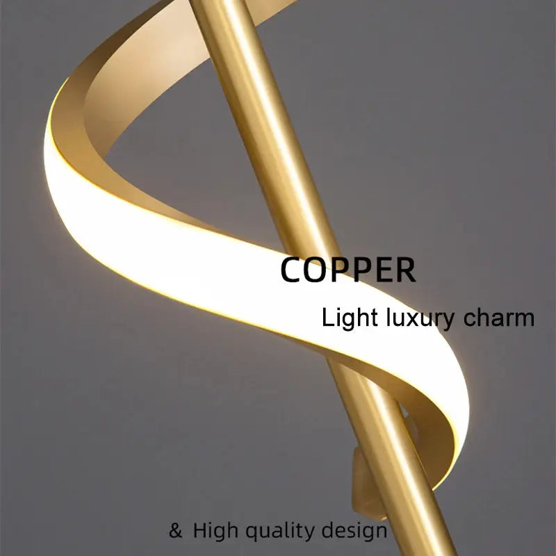 Copper spiral LED pendant light for ceiling mounting; modern lamp for kitchen or living room.