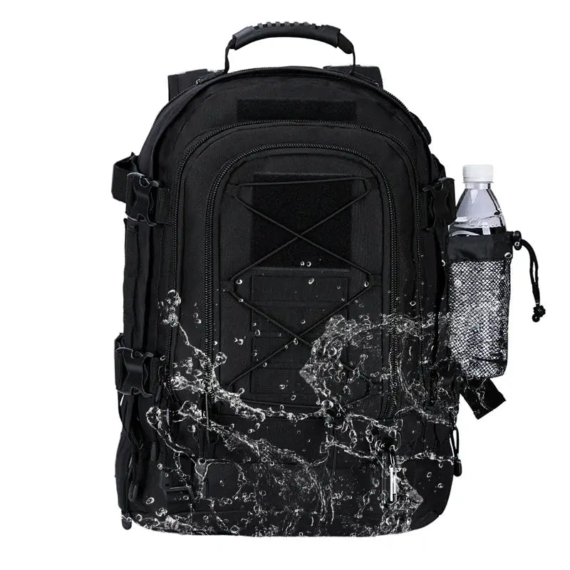 Tactical backpack by Simples Market, black large capacity 40L/65L with water bottle pocket and multiple compartments