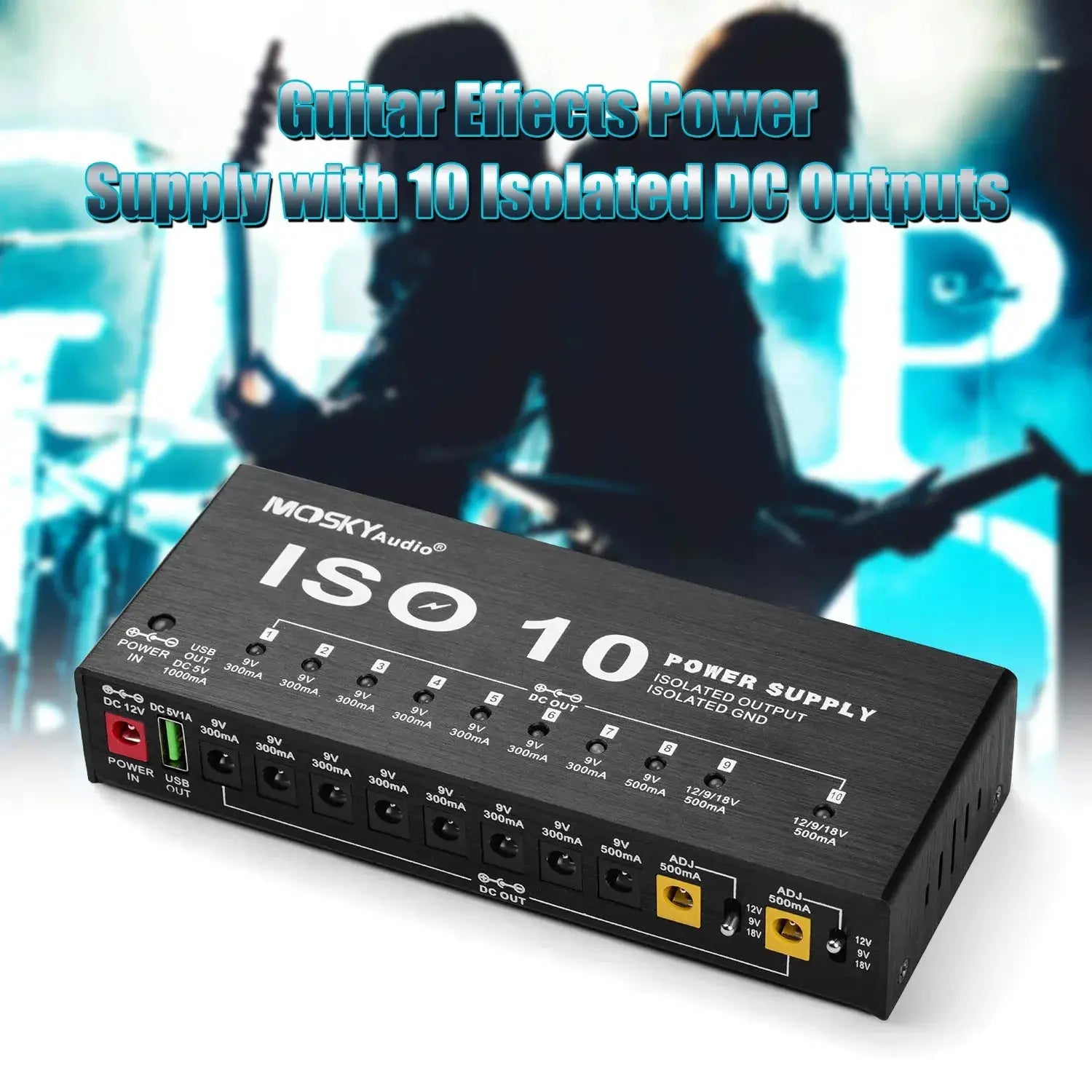 MOSKY ISO-10 Guitar Pedal Power Supply With 10 Isolated DC Outputs And 5V USB For 9V 12V And 18V Pedals