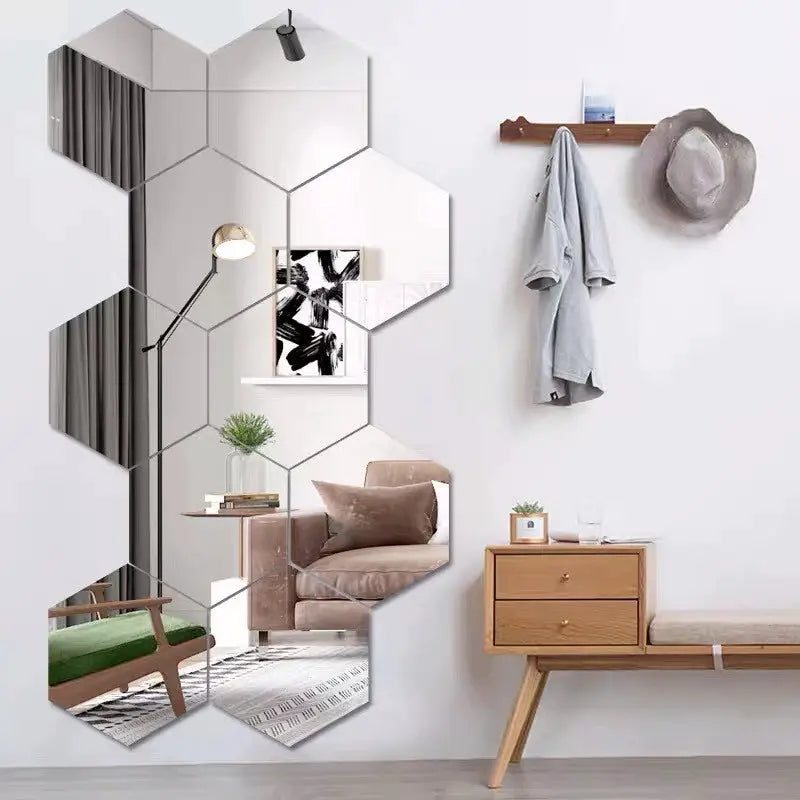 Hexagon mirror wall decals 6/12-piece set, 126mm large, Simples Market DIY wall decor