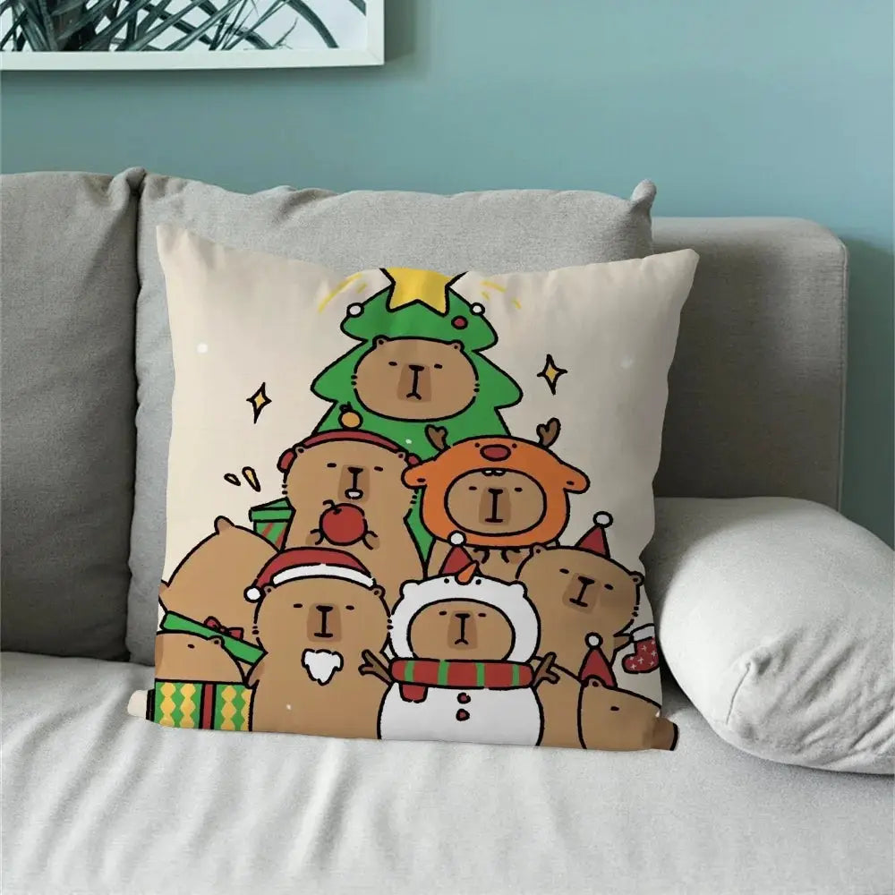 Capybara cartoon pillow case by Simples Market; beige background features a group of festive capybaras with Santa hats and a Christmas tree