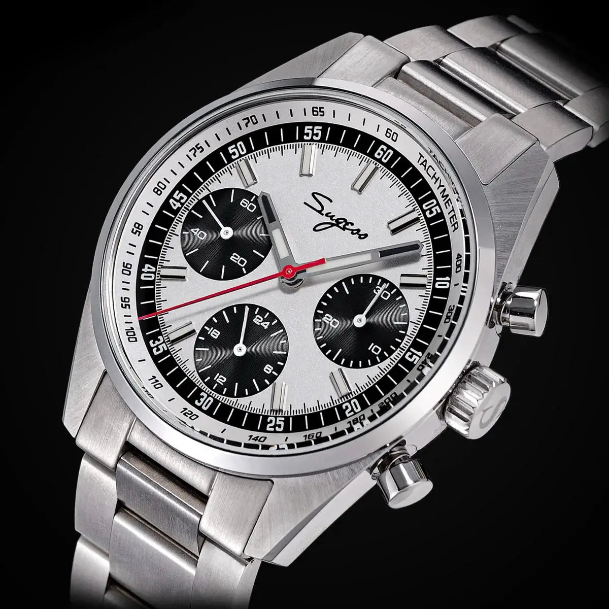 Sugess men's 38mm chronograph stainless steel watch with silver dial, three black subdials, and tachymeter bezel.