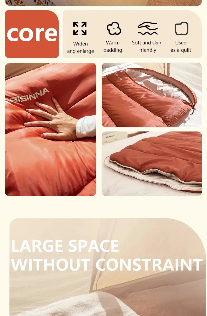 BISINNA large camping sleeping bag, orange, 3-season lightweight long-size for adults