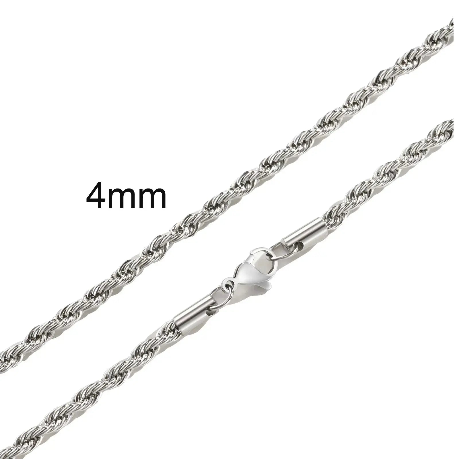 Rope chain necklace, stainless steel in silver tone, 4mm wide, twist rope design, 16–36 inch, lobster clasp