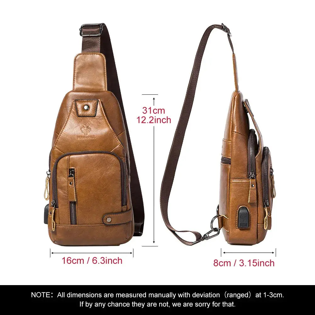 HUMERPAUL USB chest bag, genuine brown leather crossbody with multiple pockets