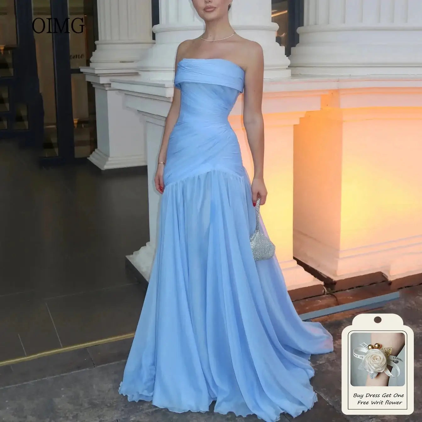 OIMG Maxi Strapless A Line Prom Gown Pleated Floor Length Dress