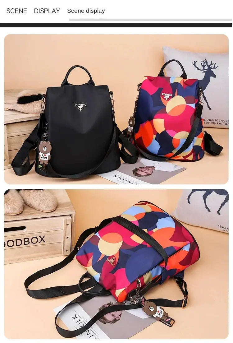 Two women backpacks by Simples Market: black Oxford cloth bag and colorful abstract-print travel bag, large capacity.