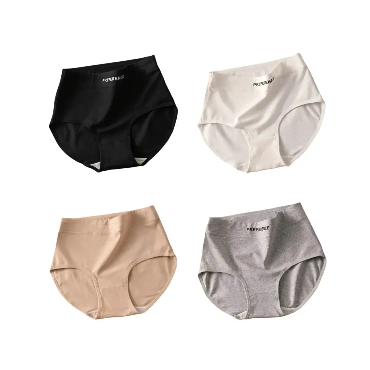 4-pack women high-waist cotton tummy-control briefs in black, white, beige and gray from Preference
