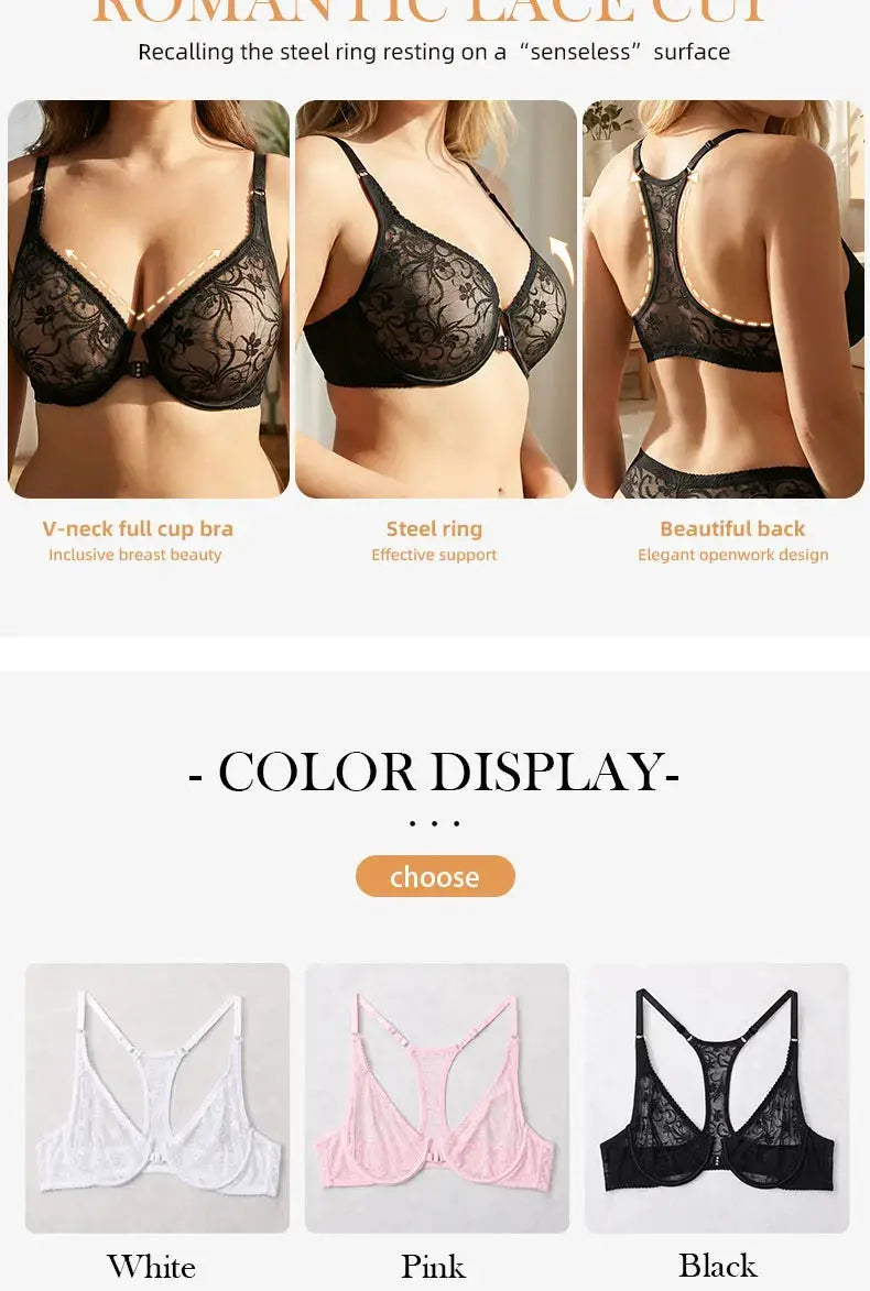 Simples Market lace front-button women's bra in black; sheer floral lace with underwire; color options White Pink Black