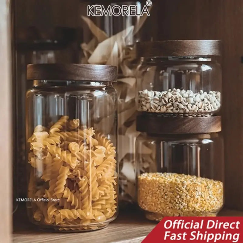 Wood Lid Glass Airtight Canister Set For Kitchen Storage Jars Containers Grains Tea Coffee Beans Candy