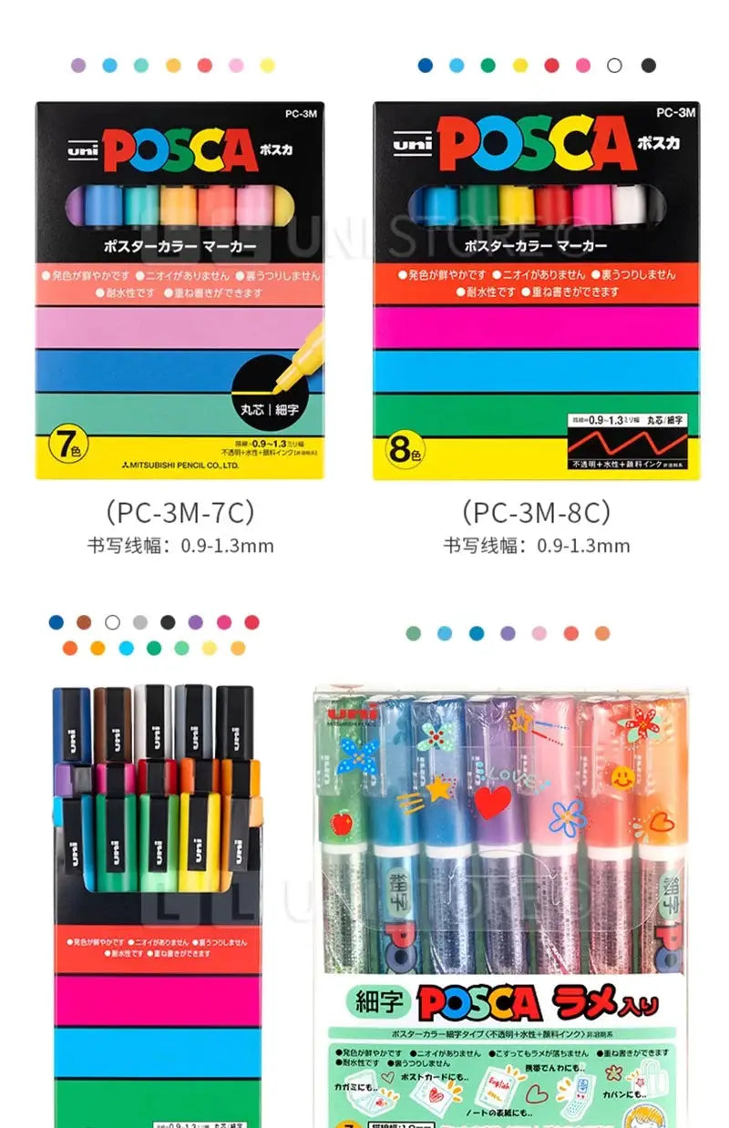 Uni POSCA paint marker sets in original vinyl cases; four sets shown (PC-3M-7C, PC-3M-8C) with 7–8 colors