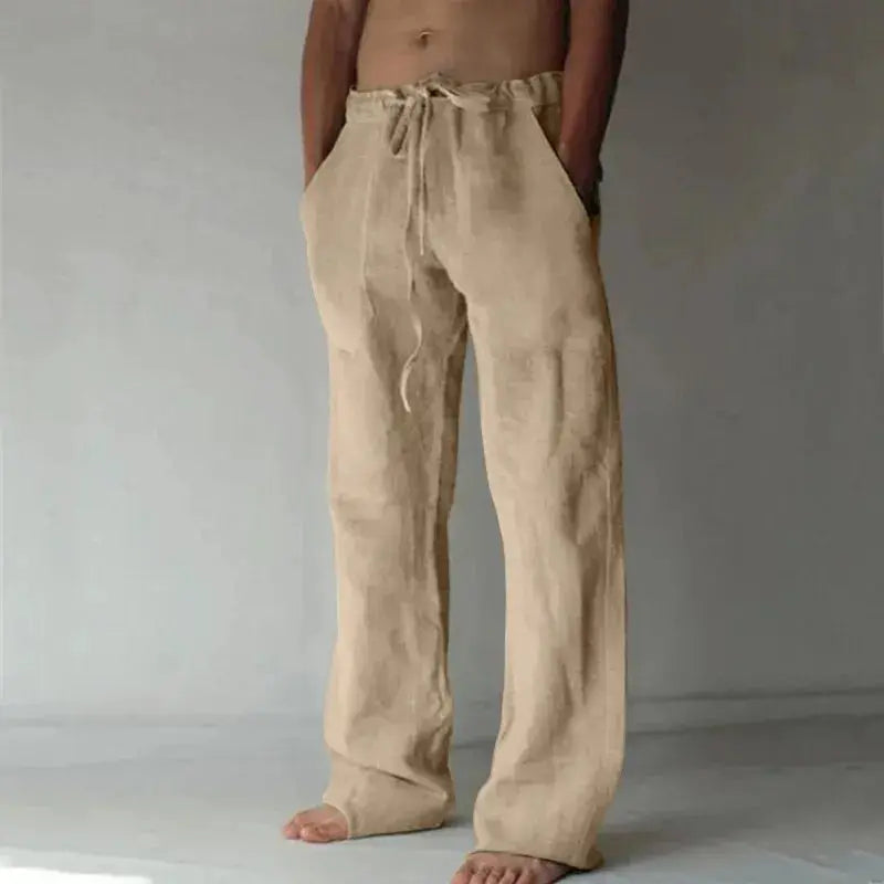 Men's Cotton Linen Long Pants Solid Color Summer Breathable Trousers Elastic Waist Casual Harajuku Style
