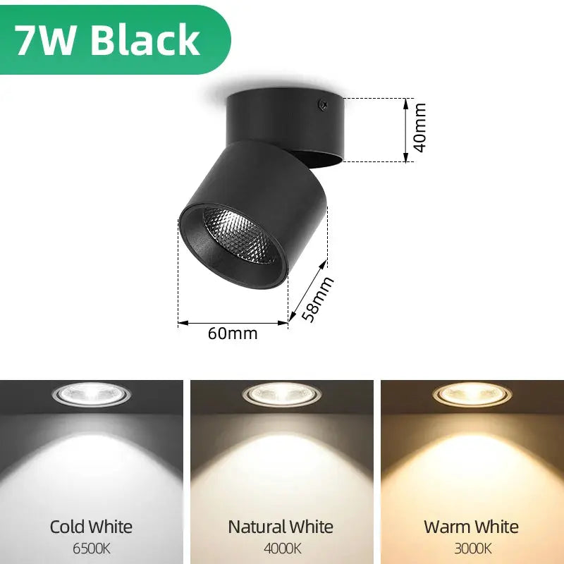Spot LED Downlight 7W Black by Simples Market, surface-mounted ceiling lamp with 3 color temperatures