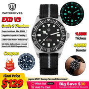 Watchdives EXD 40mm titanium dive watch on black fabric strap with luminous markers, 200m water resistant