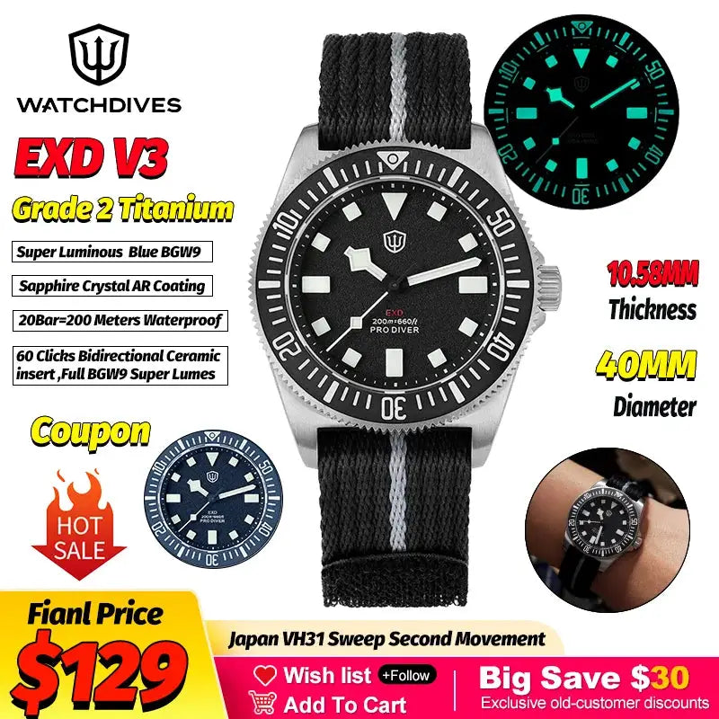 Watchdives EXD 40mm titanium dive watch on black fabric strap with luminous markers, 200m water resistant