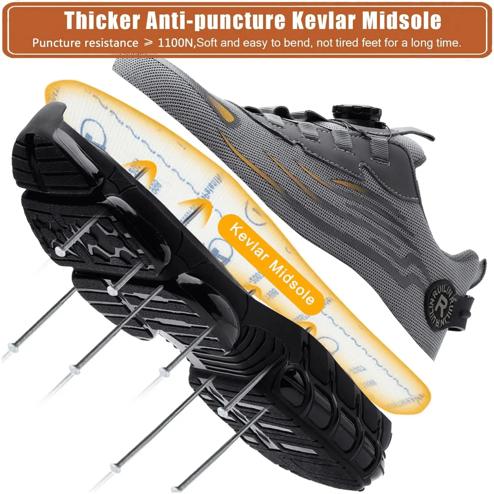 Simples Market men's steel-toe safety shoes with gray mesh upper, Kevlar midsole, slip-resistant outsole.