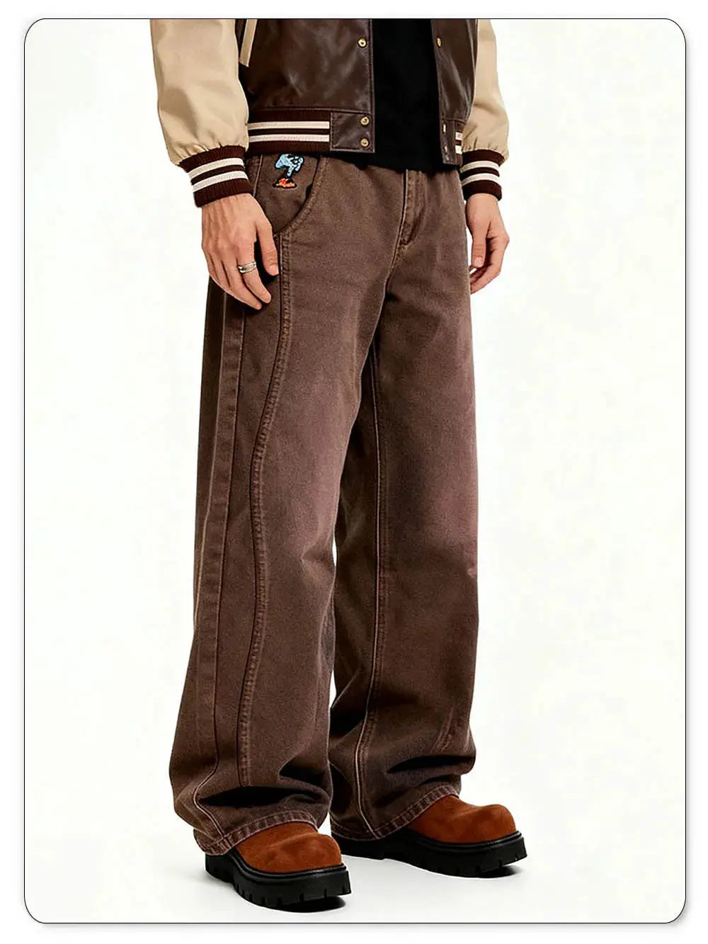 Men's brown baggy wide-leg denim jeans with cartoon elephant embroidery by Simples Market