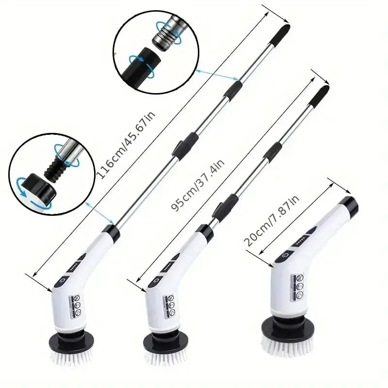 Wireless electric rotating scrubber with 7 brush heads and adjustable extension handle for bathroom cleaning.