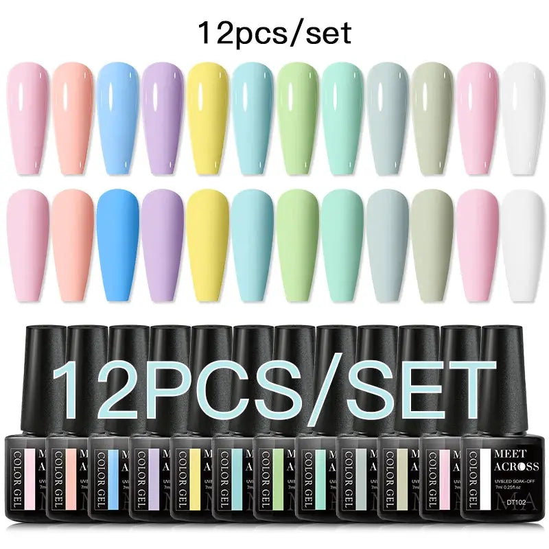 Gel nail polish set MEET ACROSS by Simples Market, 12 pastel shades for spring/summer nails