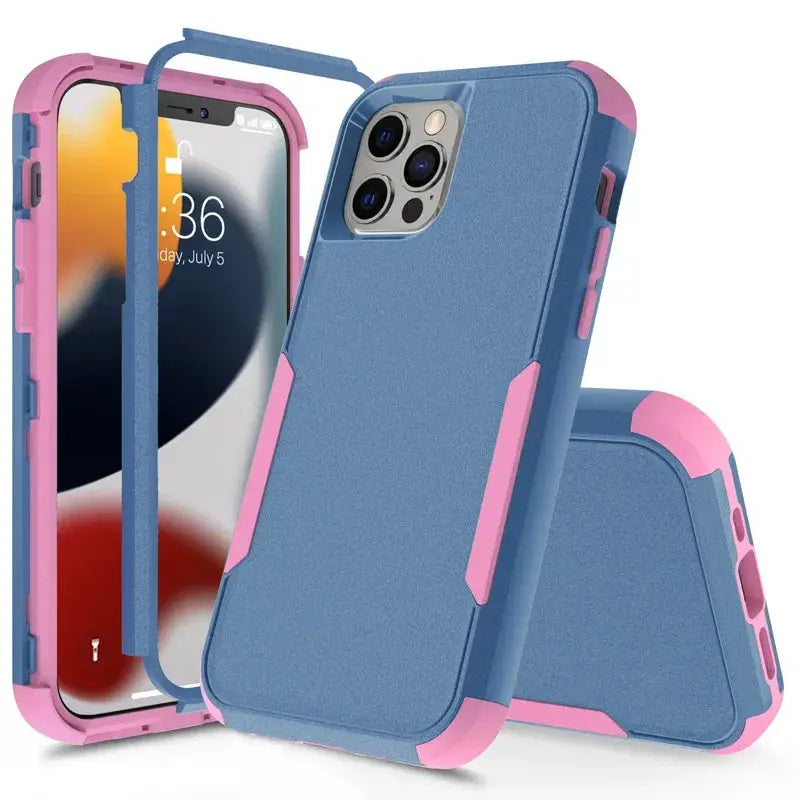 3-layer iPhone case blue with pink bumper edges; shockproof armor for iPhone 15 Pro Max and other models
