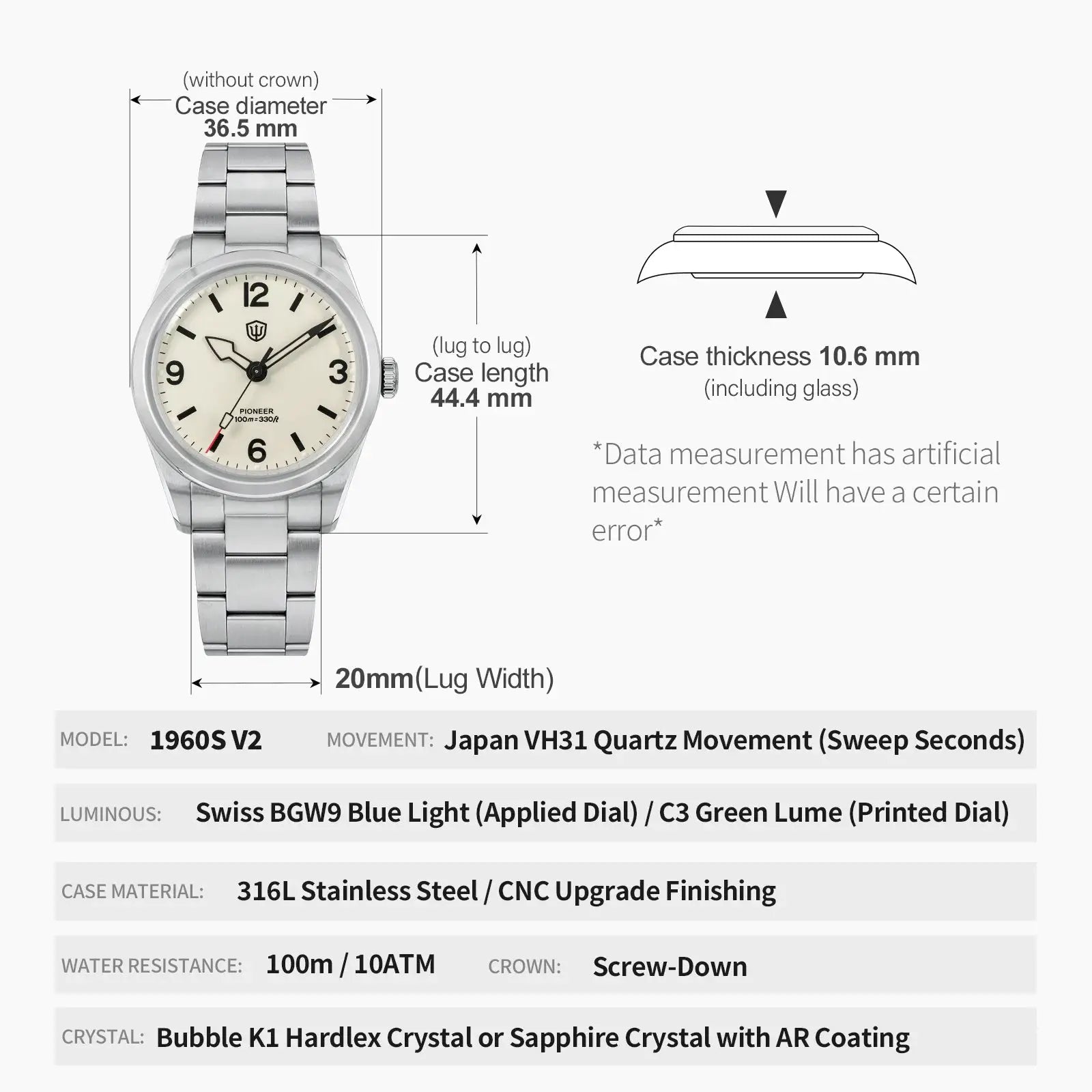 Watchdives WD1960S V2 stainless steel wristwatch with sapphire crystal and vintage white dial