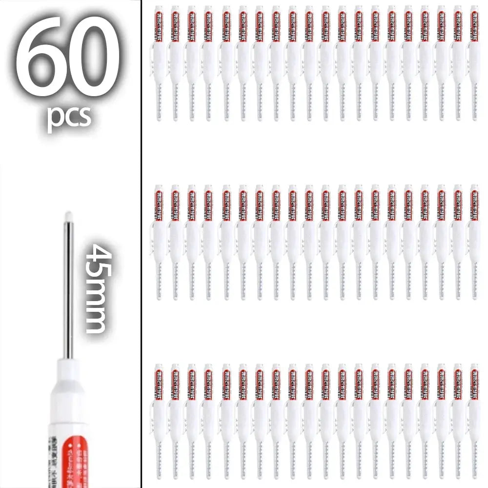 Carpenter marker pens set, 60 pcs, 45mm nib, white bodies with red branding for deep-hole marking in woodworking