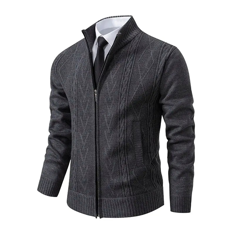Men's zip-up knitted sweater coat, dark gray cable-knit, warm casual outerwear