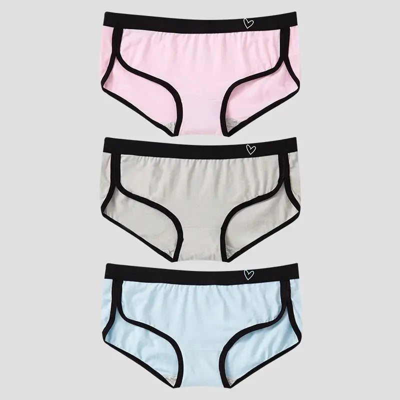 3-pack women's cotton low-rise briefs in pink, gray, and light blue with black trim