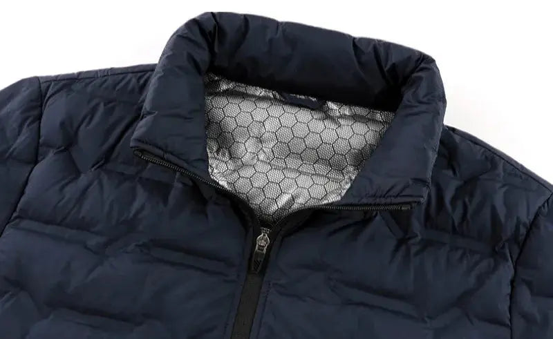 Men navy blue duck-down puffer jacket by Simples Market with stand collar and zip