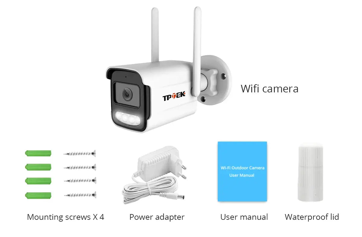4K IP WiFi outdoor security camera TP-TEK white with antennas; includes 4 screws, power adapter, manual, waterproof lid