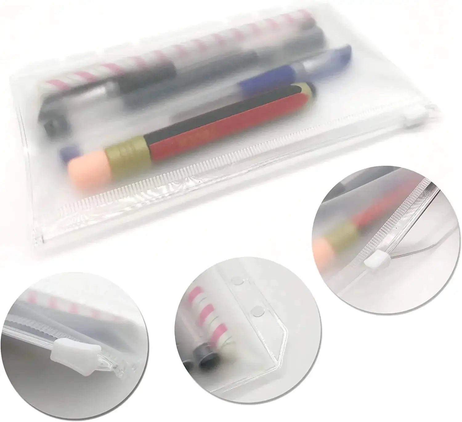 Simples Market clear PVC A6 binder zipper pouch with 6-hole pockets, holding assorted pens for notebooks and planners